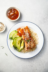 Roasted teriyaki salmon with avocado