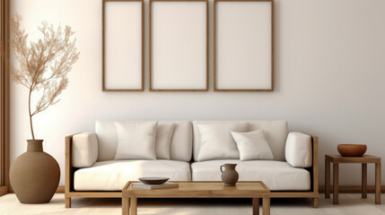 Japanese Modern Living Room, A Square Coffee Table Adjacent to a White Sofa, Surrounded by Rustic Cabinets, Set Against a Blank Wall Featuring Poster Frames for Personalized Decor. 