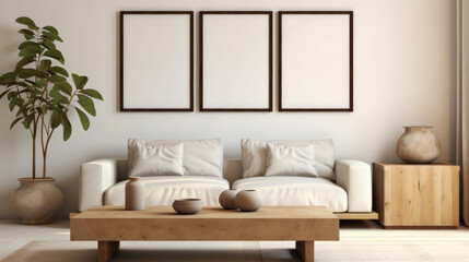 Fototapeta na wymiar Japanese Modern Living Room, A Square Coffee Table Adjacent to a White Sofa, Surrounded by Rustic Cabinets, Set Against a Blank Wall Featuring Poster Frames for Personalized Decor. 