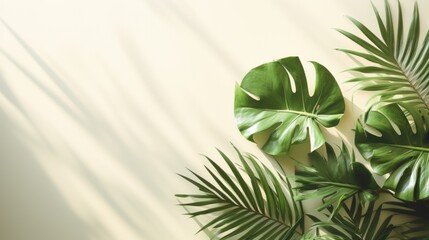 Shadow of tropical leaves on light background