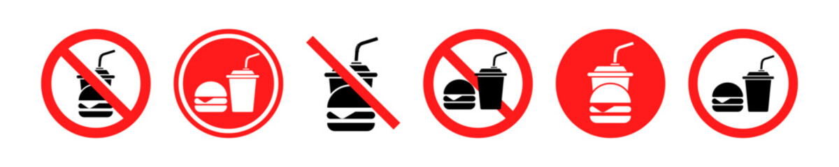 Set of no food vector signs. Red prohibition sticker with no eat and drink. Vector 10 EPS.