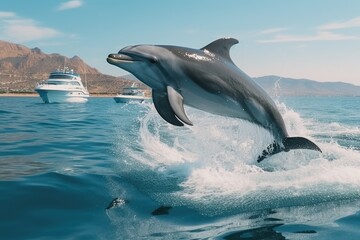 Fototapeta premium Dolphin jump in the blue sea in a picturesque place
