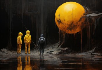 widok sztuki komputerowej żółty balon i ludzie w żółtej kurtce - obrazy, fototapety, plakaty