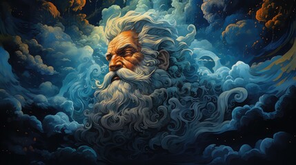 widok boga z brodą i wąsami w chmurach - obrazy, fototapety, plakaty
