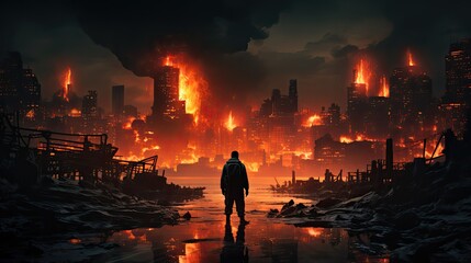 widok płonącego miasta, apokalipsa, zagłada miasta i ludzkości,  - obrazy, fototapety, plakaty