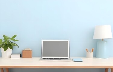 Empty screen laptop mockup on an office desk in a modern light office room
