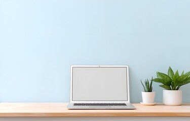Fototapeta premium Empty screen laptop mockup on an office desk in a modern light office room
