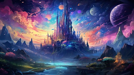 Fantastyczny zamek w kosmosie z planetami i księżycami na kolorowym niebie. 