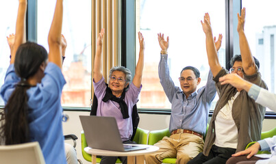 Portrait of asian woman physiotherapist trainer carer help physical and discussing consulting with group asian senior patient by doing yoga workout exercises in rehabilitation at hospital.healthcare