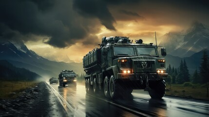 Konwój opancerzonych pojazdów wojskowych jadących do bazy wojennej.  - obrazy, fototapety, plakaty