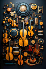 A bunch of instruments that are on a wall. Different violins. Flat musical background.