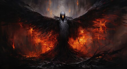 anioł śmierci przedstawiony jako sztuka komputerowa ze skrzydłami jak upadły anioł na płonącym tle - obrazy, fototapety, plakaty