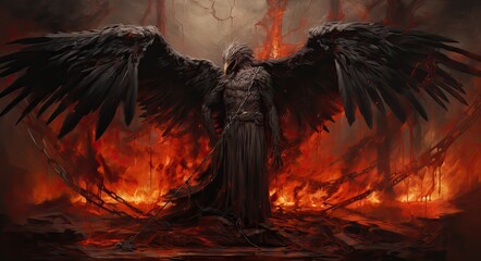 anioł śmierci przedstawiony jako sztuka komputerowa ze skrzydłami jak upadły anioł na płonącym tle - obrazy, fototapety, plakaty