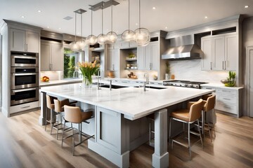 beautiful kitchen in luxury modern contemporay home interior with island and chairs
