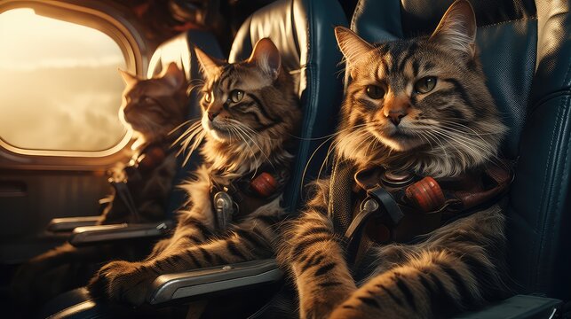 lecące koty piloty, siedzące w samolocie podobne do rysia