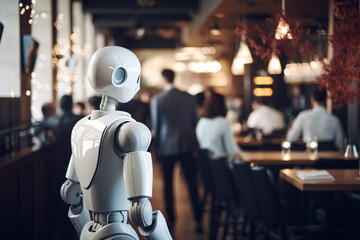 White artificial intelligence robot working as waiter in restaurant - obrazy, fototapety, plakaty
