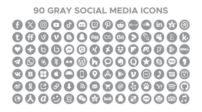 90 Gray round social media icons -  complete vector icon set