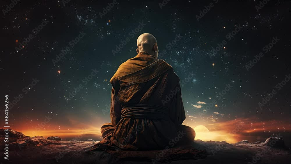Wall mural buddhist monk meditates on the background of the starry sky. created with generative ai.