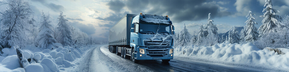 A large truck driving down a snow covered road during the winter. Panoramic image. - Powered by Adobe