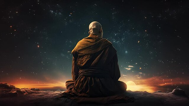 buddhist monk meditates on the background of the starry sky. Created with Generative AI.	
