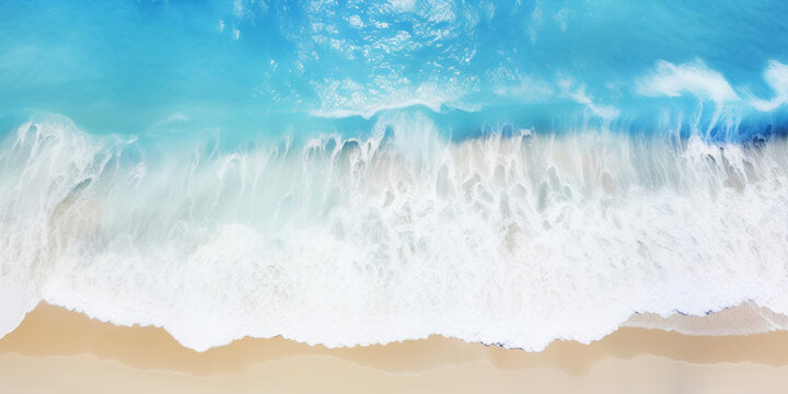 Sea aerial view of seascape ocean waves in sunny day beach sand concept. Top view from drone. Generative AI