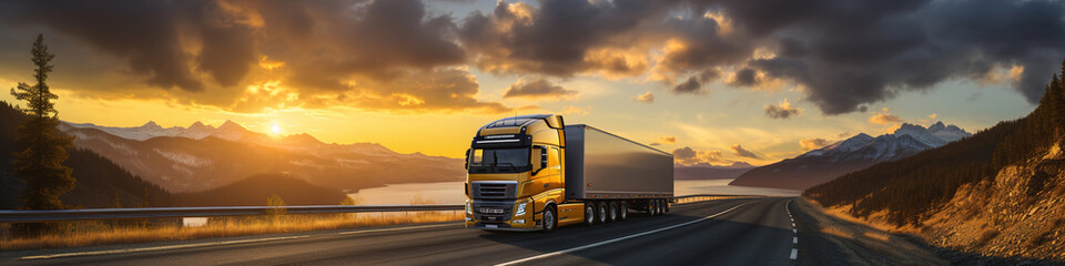 A truck driving down a road and sunrise cloudy sky. Panoramic image.