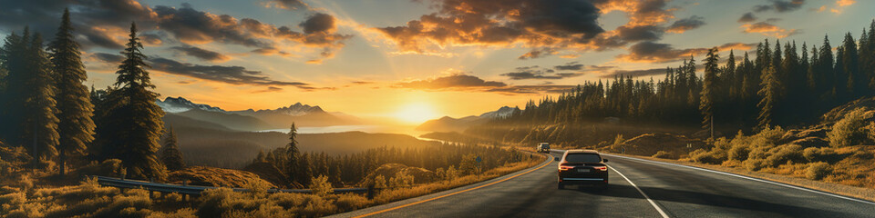 A car driving down a road next to a forest at sunset. Large panoramic image. - obrazy, fototapety, plakaty