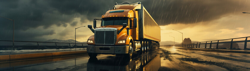 Semi truck driving down a rain soaked road. Transportation in rainy day. Panoramic image. - obrazy, fototapety, plakaty