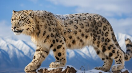 Fototapeta premium Snow leopard, Panthera uncia, in natural habitat. Hyper-realistic image captures agility, strength, and rugged beauty. Piercing blue eyes stand out amidst intricate patterns
