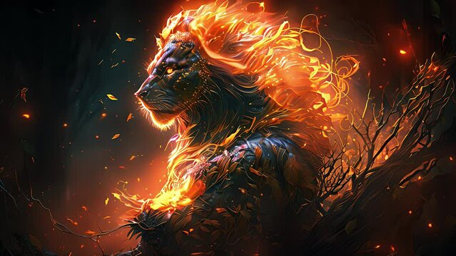 mighty fantasy lion with flames and glowing light. Created with Generative AI.	

