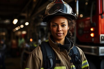 Portrait of a female firefighter in uniform. - obrazy, fototapety, plakaty