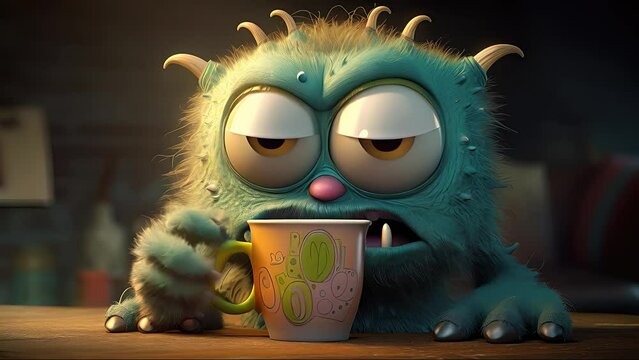Funny cartoon monster having cup of coffee. Created with Generative AI