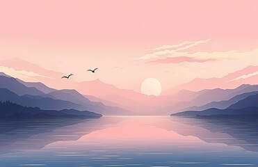 Naklejka premium Romantic Moonlit Seascapes on Shaped Canvas with Pink Mountains and Birds in Flight