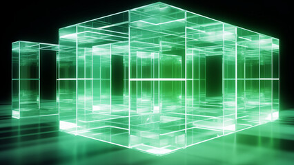 futuristic abstract 3d transparent cube 3d rendering image, in the style of light white and green, arched doorways, neon and fluorescent light