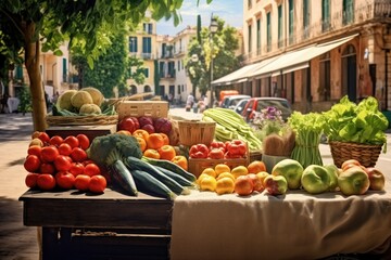 Colorful fruit market in Lifes, Spain. Sharp-focus, hyper-realistic stock image capturing the vibrant, bustling street. Eye-catching displays of diverse, abundant, fresh fruits in various shapes - Powered by Adobe