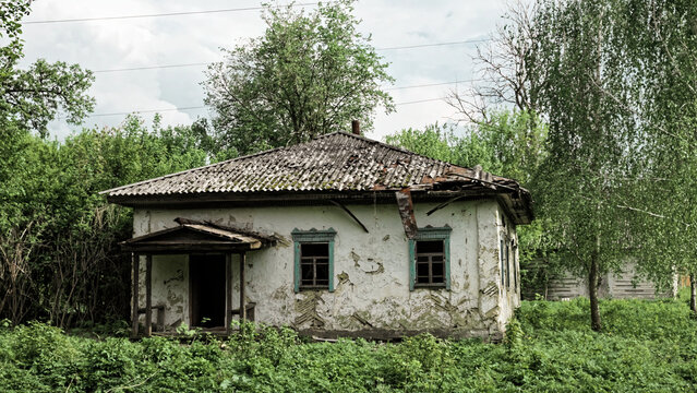 An image of a house that appears to be abandoned and neglected, surrounded by overgrown plants and a damaged roof.
