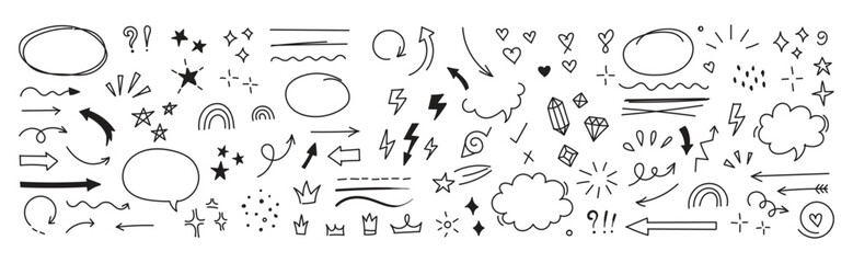 Hand drawn doodle sketch style heart, sun, star element set. Arrow, star glitter, heart text decoration symbol. Vector illustration