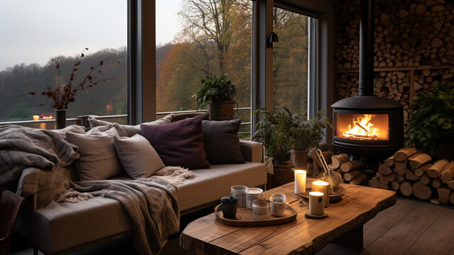 interior design of a living room, log cabin style, plants, candles, wood burner, coffe mug on table, outside grey and cloudy.