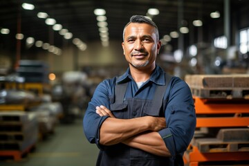 Candid shot of a confident Hispanic male factory worker with arms crossed, industrial construction industry with AI