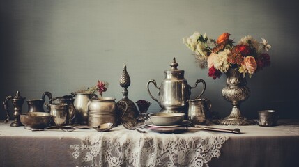 a collection of antique silverware arranged on a lace tablecloth - obrazy, fototapety, plakaty