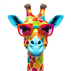 Cartoon colorful giraffe with sunglasses on white background with AI