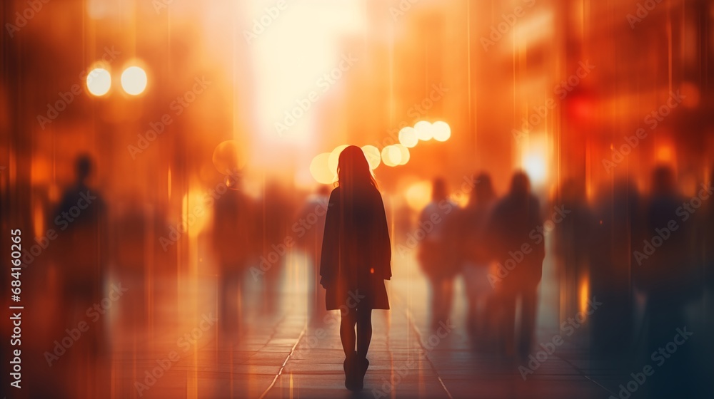 Wall mural Silhouette of a lonely girl or a young woman standing with her back ro camera in blurred orange night city symbolizing depression and loneliness as well as romantic lifestyle