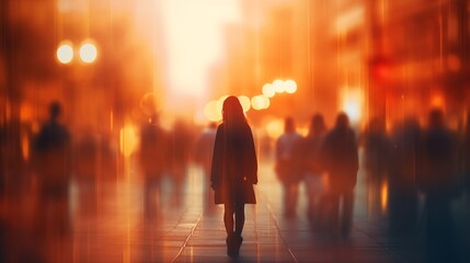 Silhouette of a lonely girl or a young woman standing with her back ro camera in blurred orange night city symbolizing depression and loneliness as well as romantic lifestyle - obrazy, fototapety, plakaty