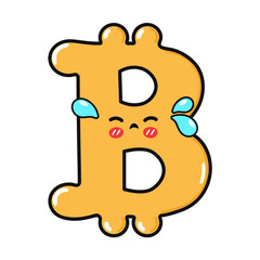 Crying Bitcoin Sign character. Vector hand drawn cartoon kawaii character illustration icon. Isolated on white background. Sad Bitcoin Sign character concept