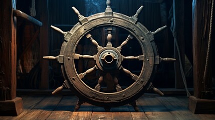 a weathered ship's wheel with intricate woodwork