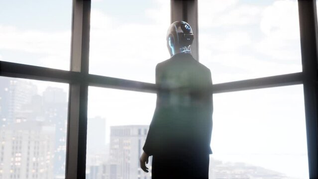 A robot humanoid staying in the empty office and looking out the window at the big city. future technology concept