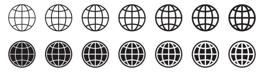 Globe icon, WWW world wide web set site symbol, Internet collection icon, website address globe, outline signs.