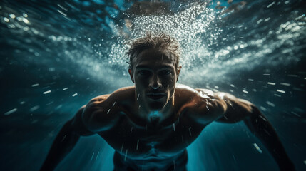 An athlete swims in the pool. Close-up . Fitness and sports in the water. Water sports .  Swimming.