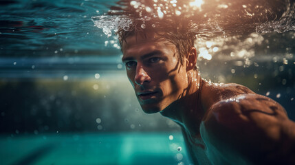 An athlete swims in the pool. Close-up . Fitness and sports in the water. Water sports .  Swimming.