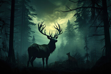 A deer standing in the middle of a forest. Deer silhouette. Green tones.